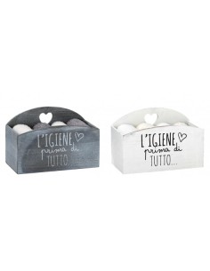 Set 4 salviette in cotone con cestino in legno-ass. 2 colori